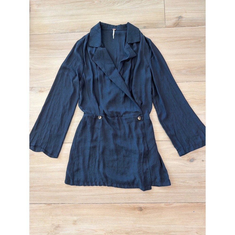 Free People Simone‎ Blazer Mini Dress Navy Blue Wrap Notched Lapel Long Sleeve